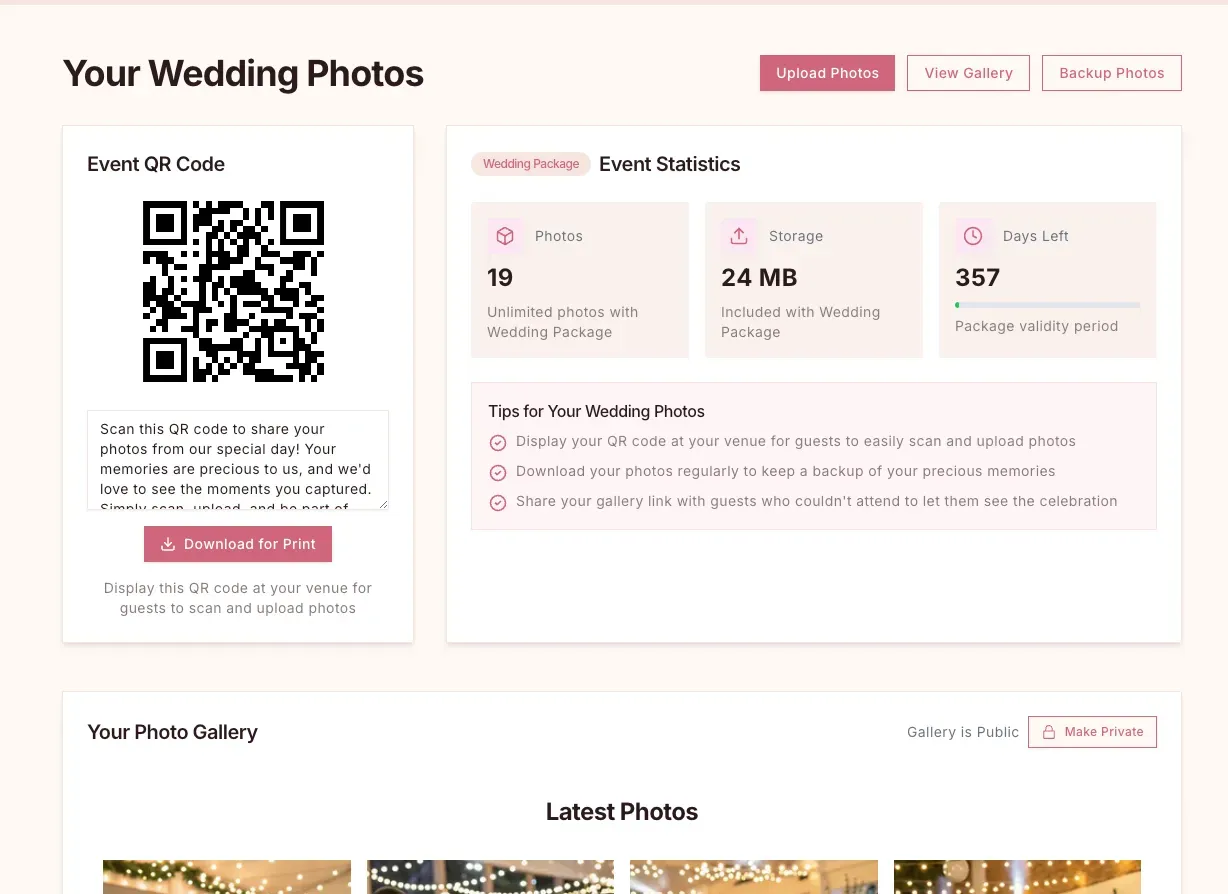 QR Wedding Photos Dashboard Overview
